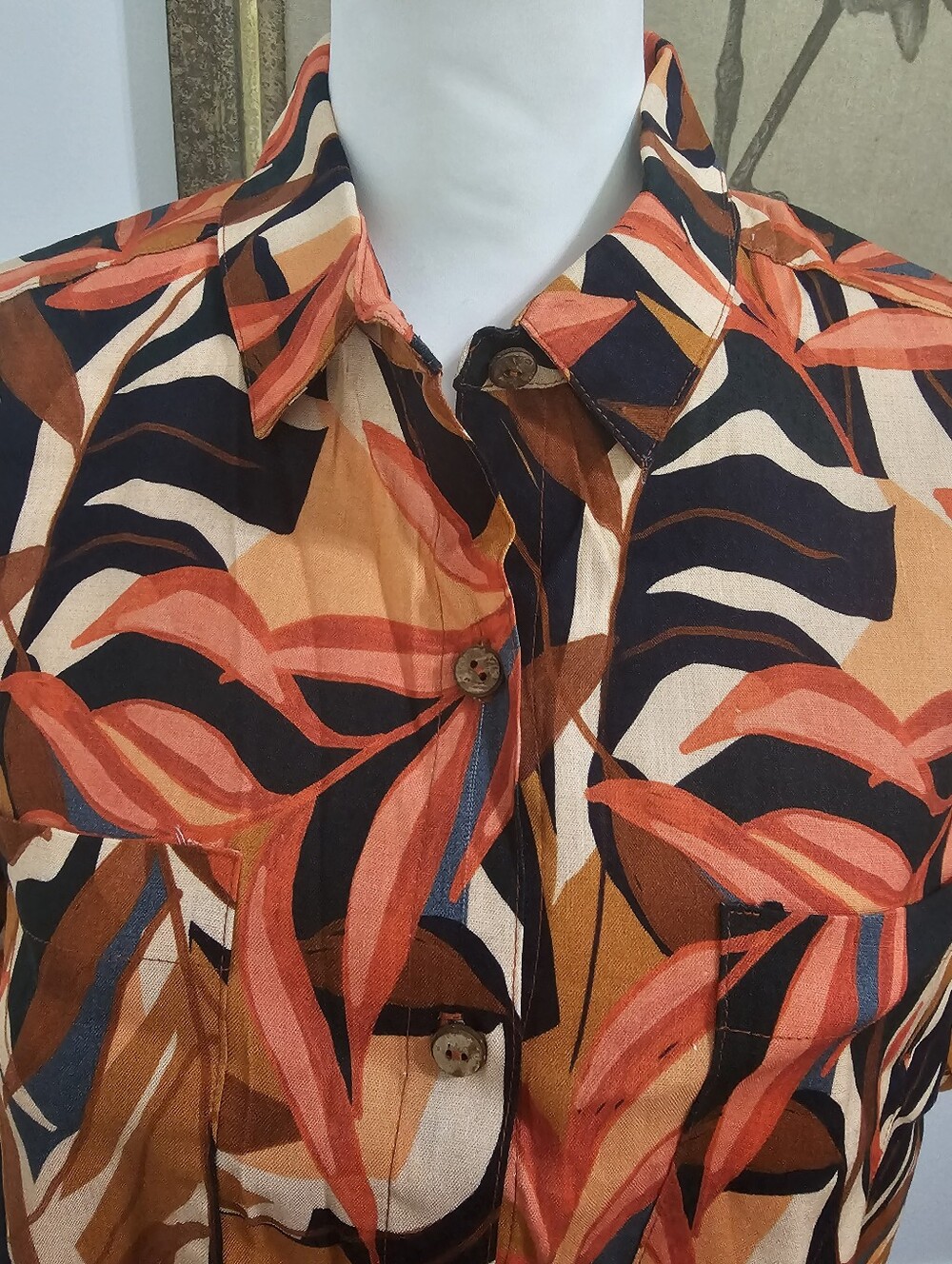 Resort Button Down Top Frayed Hem Boxy Shirt Size M - Picture 3 of 15